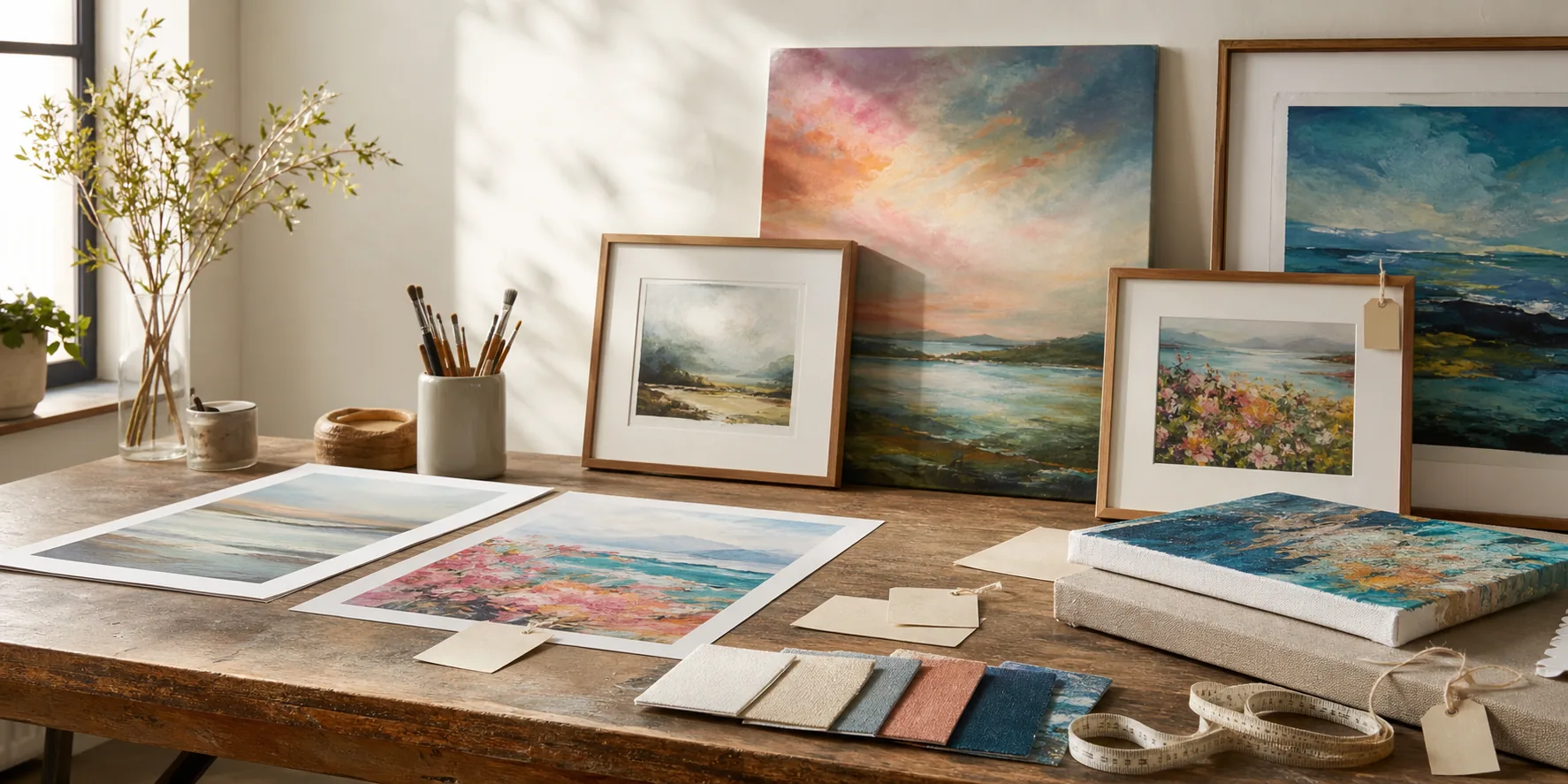 Framed artwork arranged in a warm interior